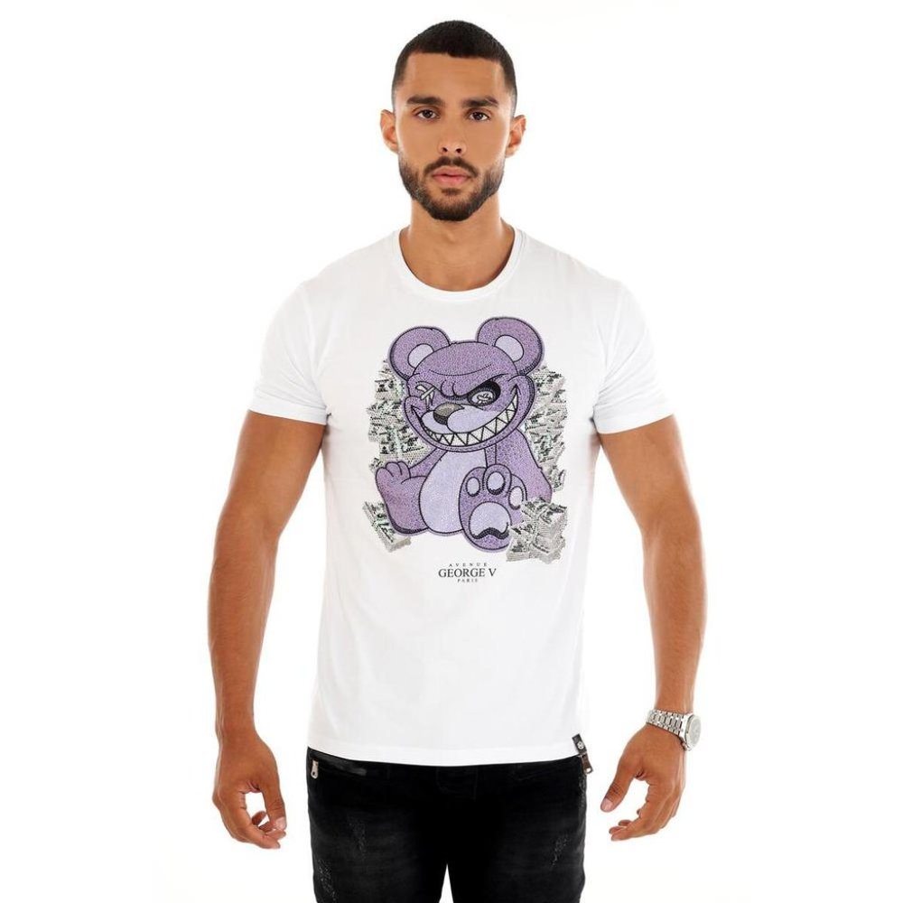 Avenue George V Paris Men's White T-Shirt Teddy Bear Fitted Rhinestone XL